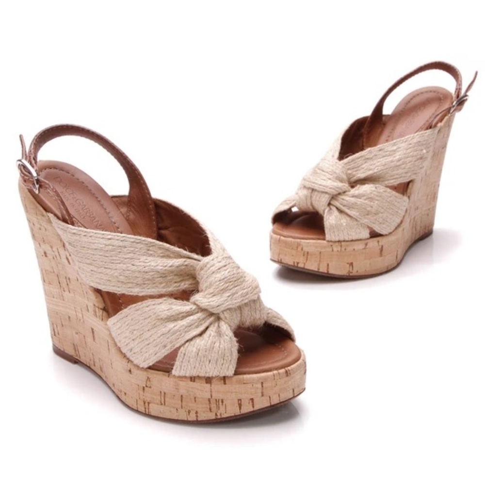 Dolce & Gabbana Beige Jute Knot Peep Toe Cork Wedge Sandals Sz 37
